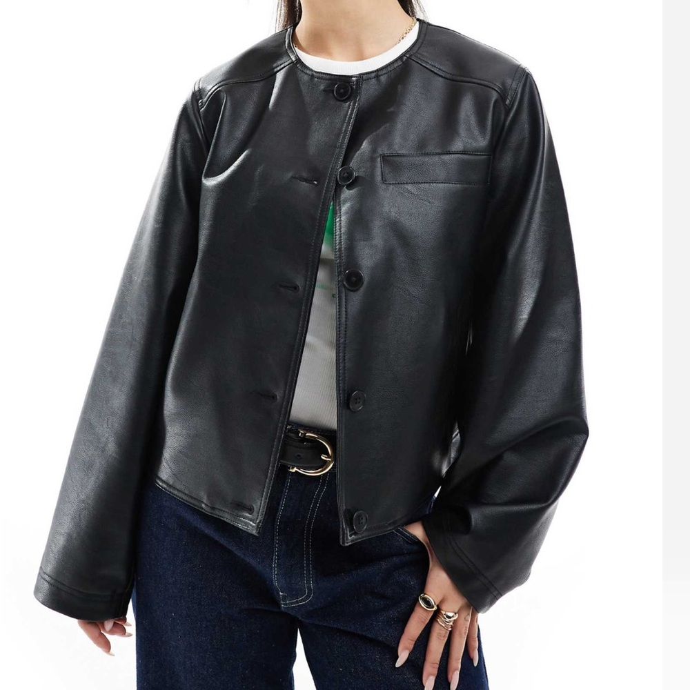 ASOS DESIGN collarless clean leather look jacket  | Women's Black Leather Jacket